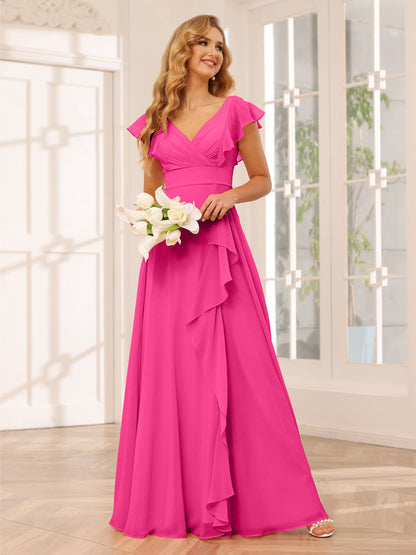 Vestidos Longos de Dama de Honra Evasê/Princesa com Decote Em V e Babados