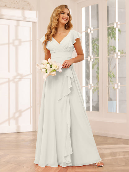 Vestidos Longos de Dama de Honra Evasê/Princesa com Decote Em V e Babados