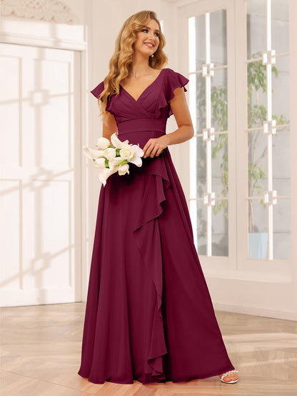 Vestidos Longos de Dama de Honra Evasê/Princesa com Decote Em V e Babados