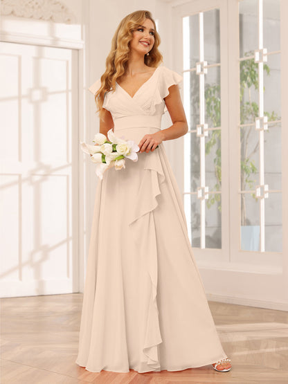 Vestidos Longos de Dama de Honra Evasê/Princesa com Decote Em V e Babados