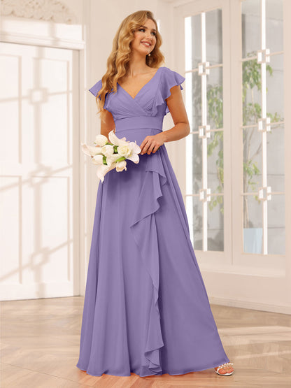 Vestidos Longos de Dama de Honra Evasê/Princesa com Decote Em V e Babados