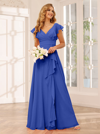 Vestidos Longos de Dama de Honra Evasê/Princesa com Decote Em V e Babados