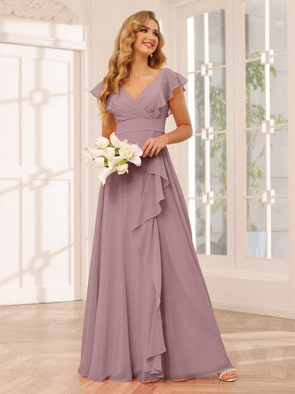 Vestidos Longos de Dama de Honra Evasê/Princesa com Decote Em V e Babados