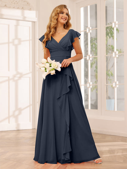 Vestidos Longos de Dama de Honra Evasê/Princesa com Decote Em V e Babados