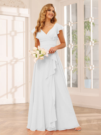 Vestidos Longos de Dama de Honra Evasê/Princesa com Decote Em V e Babados