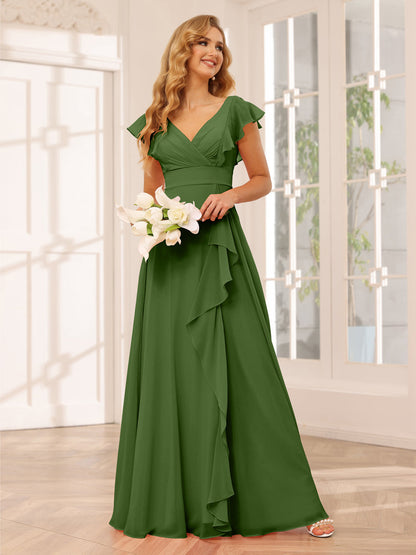 Vestidos Longos de Dama de Honra Evasê/Princesa com Decote Em V e Babados