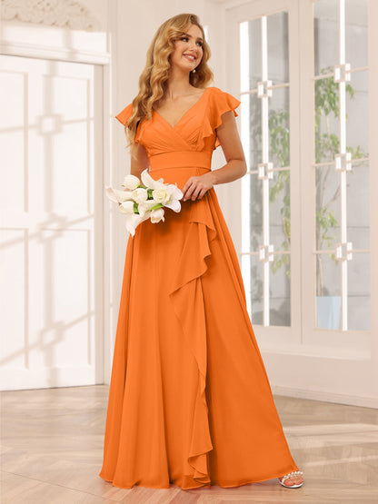 Vestidos Longos de Dama de Honra Evasê/Princesa com Decote Em V e Babados