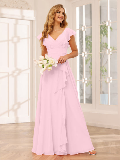 Vestidos Longos de Dama de Honra Evasê/Princesa com Decote Em V e Babados