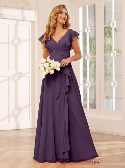 Vestidos Longos de Dama de Honra Evasê/Princesa com Decote Em V e Babados