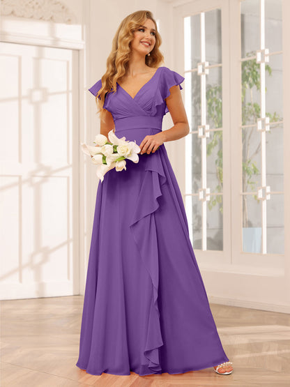 Vestidos Longos de Dama de Honra Evasê/Princesa com Decote Em V e Babados