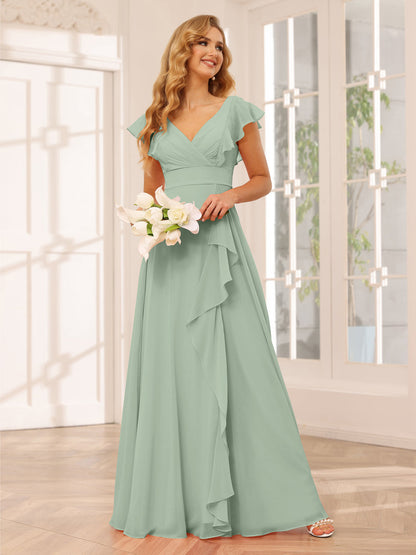 Vestidos Longos de Dama de Honra Evasê/Princesa com Decote Em V e Babados