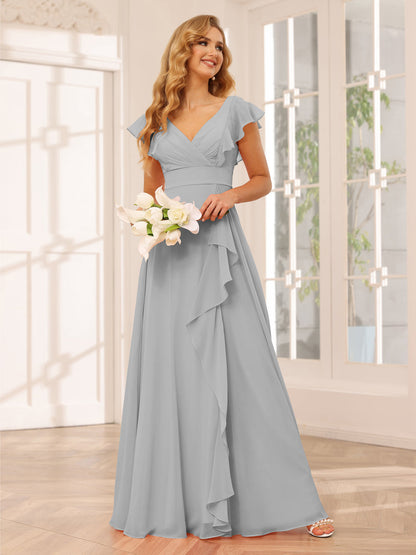 Vestidos Longos de Dama de Honra Evasê/Princesa com Decote Em V e Babados