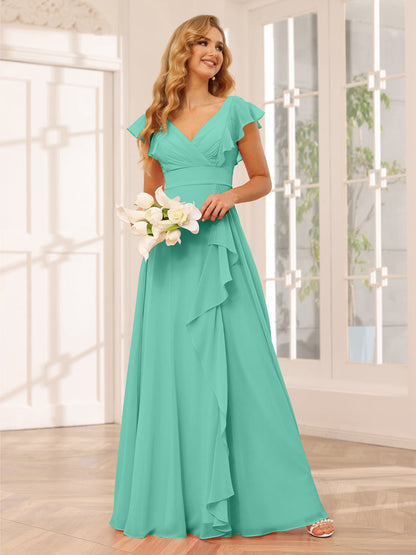 Vestidos Longos de Dama de Honra Evasê/Princesa com Decote Em V e Babados