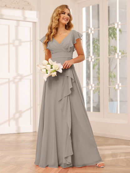 Vestidos Longos de Dama de Honra Evasê/Princesa com Decote Em V e Babados