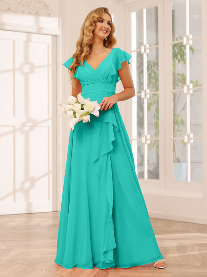 Vestidos Longos de Dama de Honra Evasê/Princesa com Decote Em V e Babados