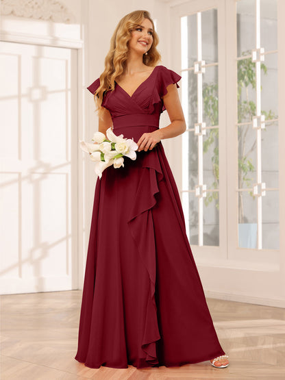 Vestidos Longos de Dama de Honra Evasê/Princesa com Decote Em V e Babados