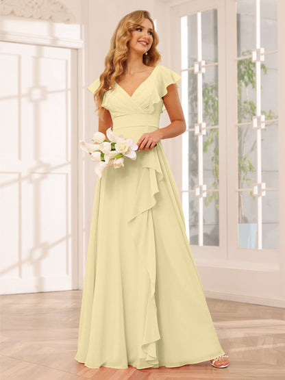 Vestidos Longos de Dama de Honra Evasê/Princesa com Decote Em V e Babados